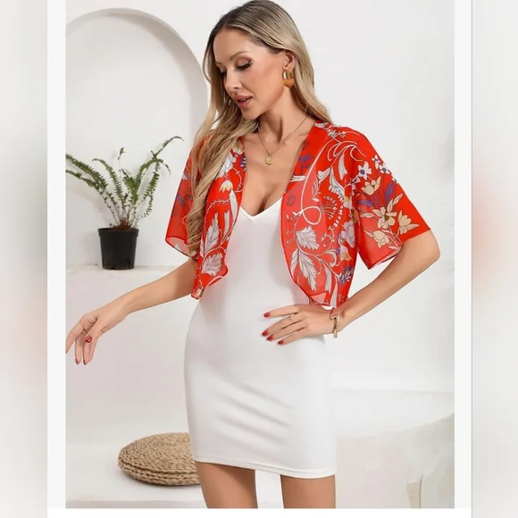 Brand New Red Floral Sheer Bolero Shrug - Picture 2 of 6